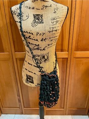 Free People Crochet Macrame Crossbody Bag in Navy with Wood Bead Accents
